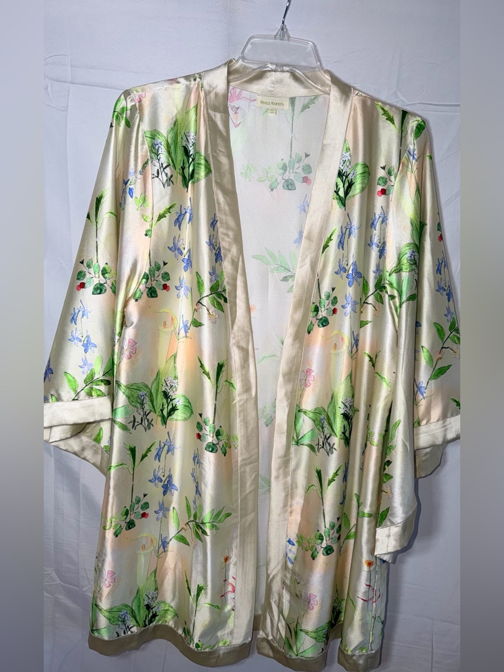 World Market Kimono Inspired Robe Cream with Green & Blue Floral Print